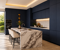 Ensemble d'armoires de cuisine de luxe KEJIA, finition bleu marine mat, avec îlot en marbre de luxe, modulaire, sans poignées