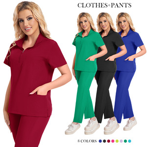 Women <b>Scrub</b> Set Moisture Wicking Knitted Split Uniform Hospital Workwear Solid Color Plus Size S XXL - Product Image 1