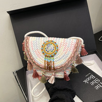Tas Selempang Wanita Trendy Kasual Modis, Tas Pantai Bertekstur dengan Desain Anyaman Rumbai