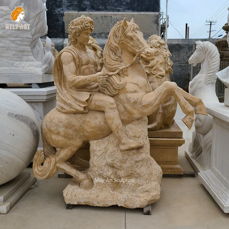 Customized Life Size Beige Stone Garden Sculpture Apollo Horse Riding Statue Marble For Museum