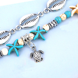 Chevillères de plage bohèmes double couche avec chaîne en coquillages cauris argentés, étoiles de mer turquoise et tortues marines, bijoux de pied pour les vacances - Product Image 3