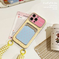 Coque de téléphone anti-chute en TPU gaufré à pois jaunes avec lanière et porte-cartes, grande fenêtre pour Apple 16 17 18 Pro Max 15 14