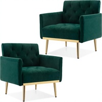Ensemble de 2 fauteuils d'appoint modernes en velours vert, confortables, capitonnés, avec pieds en métal doré, garnissage en coton, meubles de salon