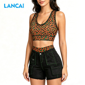 2026 LANCAI Women's Reversible Leopard Print Tank Top and High Waist Cargo Denim Shorts 2 Piece Streetwear Outfit - Product Image 3