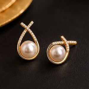 Elegantes Pendientes de Perlas con Baño de Oro en Forma de Flor con Detalles de Cristal para Mujer, Joyería para Fiestas - Product Image 2
