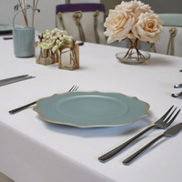 Assiette de présentation exclusive en plastique PP de 13 pouces, motif végétal fait main, bord doré, turquoise, pour dîner, mariage, fête, vente en gros