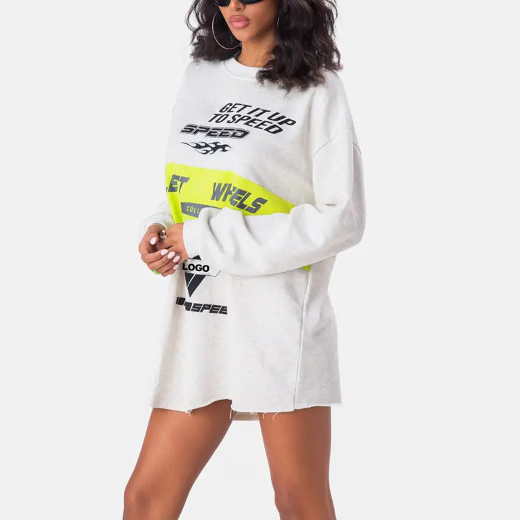 Großhandel Soft Touch Baumwolle weiß Rücken druck Langarm übergroß bedruckte Baumwolle Jersey Midi lässig Slip auf T-Shirt Kleid