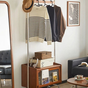 Retro Solid Wood Coat Rack Scandinavian Style Movable Floor Standing Multi Functional Entryway Storage With Wheels Oak Color - Product Image 4