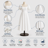 Robe Midi en Gros 220GSM Coton Col Carré Manches Bouffantes Coupe Évasée Femme Romantique Été Décontractée Logo Personnalisé OEM