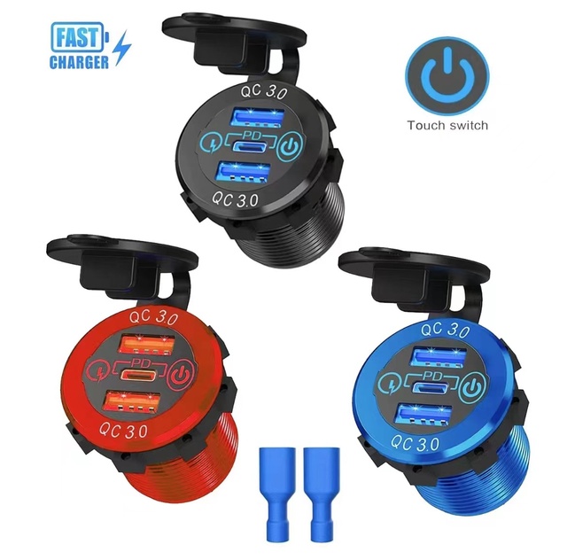 12V 24V Dual USB Type-C Aluminium Alloy Car Charger Socket 30W PD/18W QC3.0 Adapter with Touch Switch for Car Motorcycle Boat