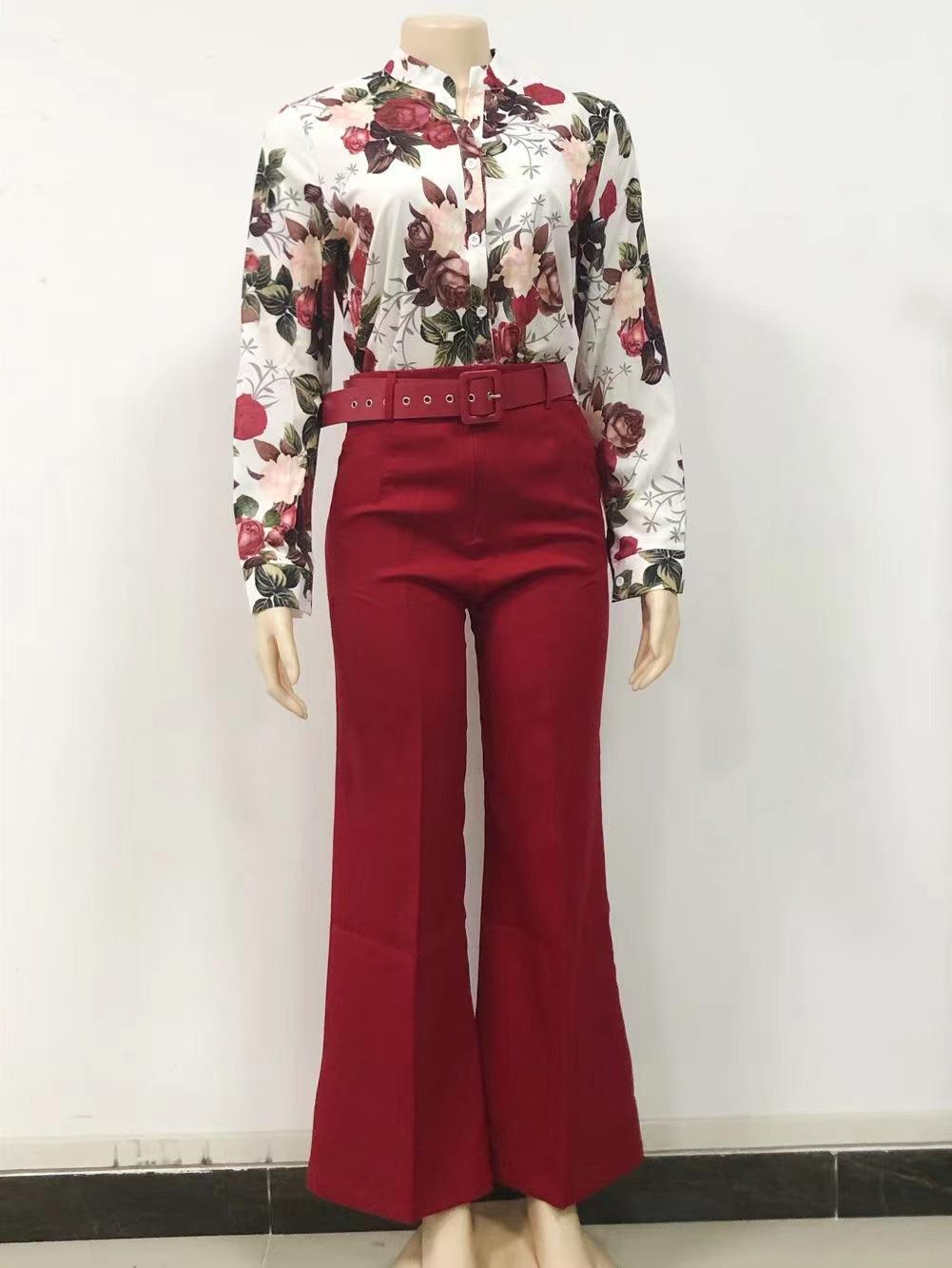 Ensemble Deux Pièces - Femme - Chemisier à Manches Longues - Pantalon Taille Haute - Polyester