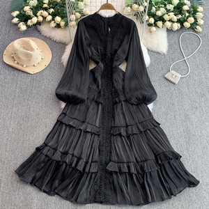 Abito Vintage con Scollo a V in Pizzo, Elegante <span class=keywords><strong>Vestito</strong></span> Lungo da Donna con <span class=keywords><strong>Maniche</strong></span> a Lanterna e Orlo a Strati Glitterato per un Look Retrò e Aderente - Product Image 3