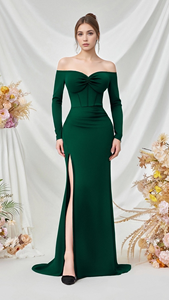 فستان وصيفة العروس للتنحيف على الكتف بأكمام طويلة مع فتحة عالية بلون واحد خصر طبيعي لحفلات الزفاف - Product Image 2