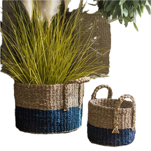 Vente en gros de paniers de rangement en jonc de mer de style bohème Nhat Minh poignées contrastées tissées à la main blanchisserie de couleur personnalisée écologique - Product Image 1