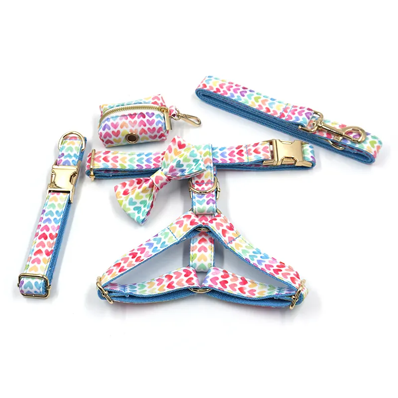 High quality cute colorful hearts printed dog harness and leash set puppy collar bow tie leads set dog harness manufacturers