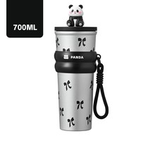 Bouteille isotherme HY7 Panda Cup 700ml mignonne avec paille, gourde en acier inoxydable avec housse, tasse de voiture