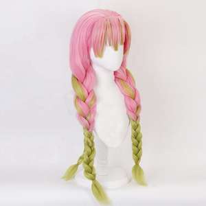 Parrucca <span class=keywords><strong>Cosplay</strong></span> di Kanroji Mitsuri da <span class=keywords><strong>Demon</strong></span> <span class=keywords><strong>Slayer</strong></span>, 80cm, Lunga, Rosa e Verde Mista, Sintetica, con Trecce - Product Image 2