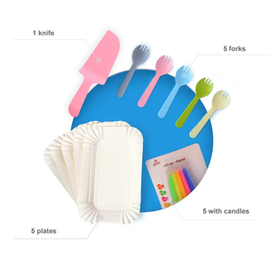 Offre Spéciale <span class=keywords><strong>jetable</strong></span> <span class=keywords><strong>anniversaire</strong></span> 5 assiettes 5 fourchettes ensemble de couteaux à gâteau avec bougie au choix multicolore fête fournitures vaisselle ensemble - Product Image 4
