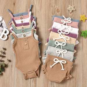 Ensemble côtelé en coton pour bébé, 100 % coton, barboteuse à manches courtes pour tout-petit, ensembles de vêtements d'été pour bébé fille - Product Image 2