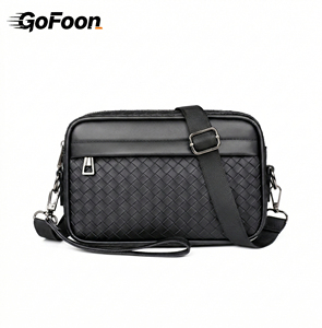 Bolso <span class=keywords><strong>Bandolera</strong></span> Multifuncional de Cuero Tejido Negro, Bolso de Hombro de Moda para <span class=keywords><strong>Hombre</strong></span>, Bolso Mensajero de Cuero PU con Logotipo Personalizado para <span class=keywords><strong>Hombre</strong></span> - Product Image 1
