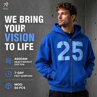 Sweat à capuche zippé bleu RAMAX 400 GSM épais avec motif numéro 25, style streetwear Y2K pour homme, commande en gros personnalisée, MOQ 50 pièces