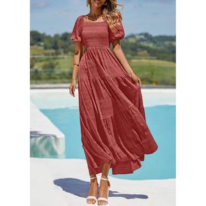 Robe longue d'été pour femme à manches bouffantes, col carré, froncée, à volants, coupe trapèze, respirante et fluide, idéale pour la plage - Product Image 5