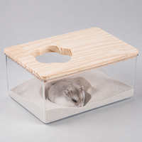 Boîte à sable/litière réutilisable en acrylique et bois de pin pour hamsters et gerbilles avec couvercle en bois naturel, design anti-déversement, tailles S, M, L, XL