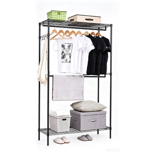 Perchero de ropa de metal de 3 niveles resistente y ajustable con barra para colgar y estantes superior e inferior para dormitorio o lavadero - Product Image 1