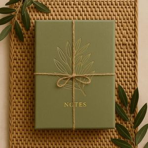 Olive Green Notebook Gift Set Debossed <b>Leaf</b> Design Minimalist PU Leather Journal and Beige Pen in Gift Box - Product Image 3