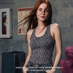 Débardeur imprimé léopard à col ras du cou et dos <span class=keywords><strong>rasoir</strong></span>, effet amincissant rétro, style streetwear tendance, crop top, t-shirt court à col en U - Product Image 1