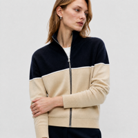 Pull en laine mérinos pour femme, personnalisé, à blocs de couleur, entièrement zippé, tricoté, ODM OEM, vêtements en tricot pour femme