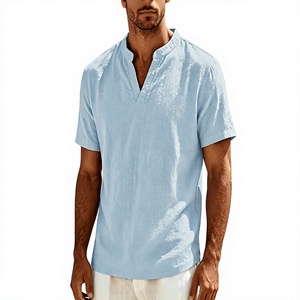 Men's Henley <b>Shirt</b> 100% French Linen Single Button 140g Breathable Stand Collar Outdoor Short Sleeve Casual Comfortable Summer - Product Image 1