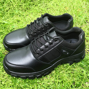 Chaussures de sécurité noires pour hommes en cuir de vachette à talon bas, pour l'entraînement, la sécurité, l'extérieur, printemps-automne, à lacets, couleur unie - Product Image 1
