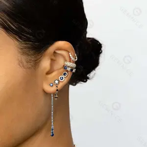 Gemnel 925 Silver 18K Gold Trendy Classic Chain Drop Earring 1 Diamond Set In A Circle Of Black Zircons Earring For Women