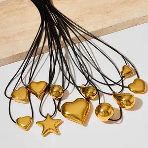 Vintage Big Puffy Heart Drop Star Sphere Shapes Hollow Pendant Black Leather Cord Chain Choker Necklace Adjustable for Women