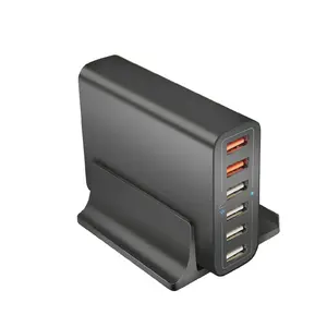 KC CE FCC Rohs pengisi daya Desktop USB 6-Port 60W, stasiun pengisian daya USB 2 x QC 3.0 dengan identifikasi cerdas untuk semua perangkat USB