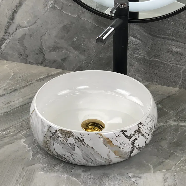 Novo Design Banheiro Cerâmica Mármore Personalizado Mão Lavatório Preço Colorido Table Top Art Basin