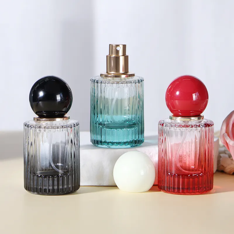 Frasco de vidro de perfume vazio com formato redondo exclusivo de 30ml, padrão vertical, cor gradiente