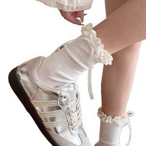 Chaussettes amples pour femmes, grises, avec dentelle et nœud, en coton respirant, absorbant la transpiration, mi-mollet, pour jeunes de 18 à 40 ans - Product Image 4