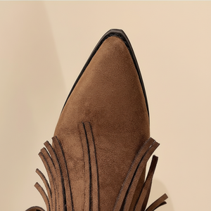 Botas de Invierno de Media Caña con Borlas de Gamuza Vacuna, Tacón Grueso, Punta Puntiaguda y Tacón Medio (3-5 cm), Estilo Occidental - Product Image 1