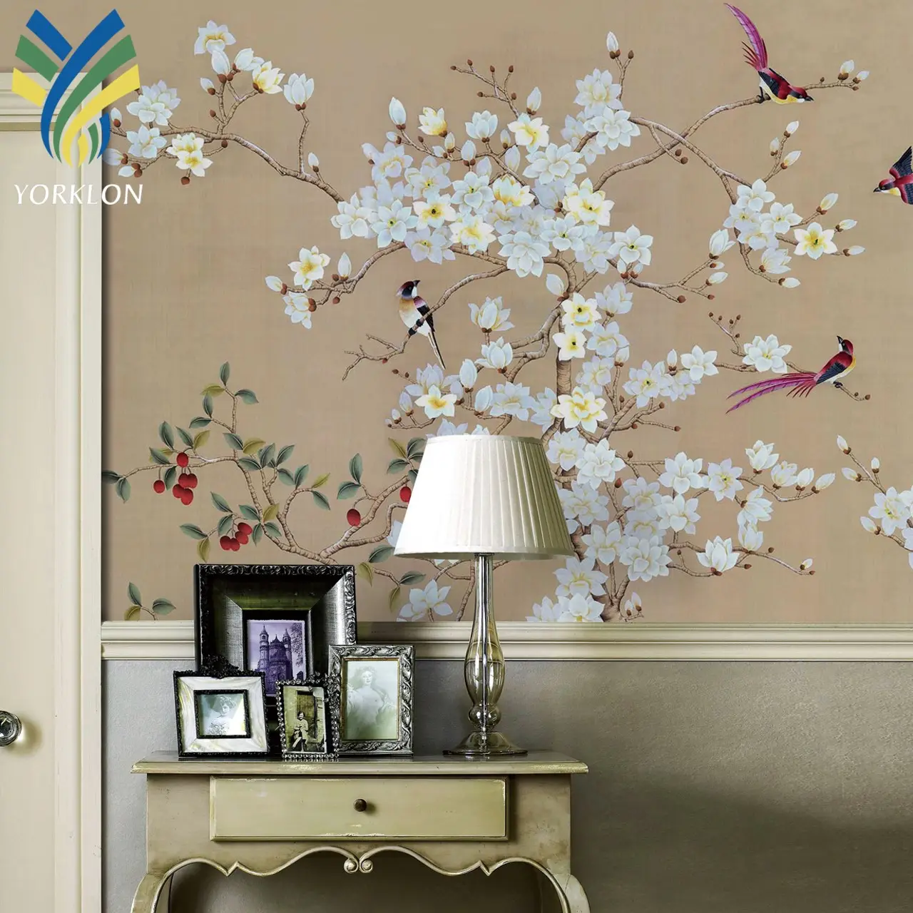 Personalizado oro plata comercial 3D papel de pared decoración Chinoiserie y papel tapiz de seda china Mural