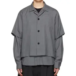 OEM Open Spread Collar Tops Button Up Shirttail Hem Satin Lined Shirt Gray Layered Construction Shirts for Men