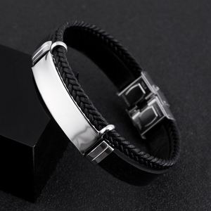 Wholesale Handmade Custom Twisted Braided Leather Bracelet Punk Style Stainless Steel Engraved LOGO <b>Bangles</b> for <b>Men</b> Women Gift - Product Image 4