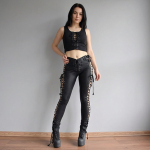 Pantalon gothique noir taille haute avec détails ajourés à lacets, coupe skinny longue pour femme - Product Image 1