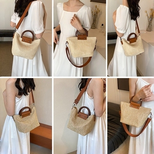 กระเป๋าสานมือผู้หญิงรุ่นใหม่, กระเป๋าฟางสำหรับใส่ในตลาดกลางแจ้งกระเป๋าทรงถังสำหรับชายหาด - Product Image 4