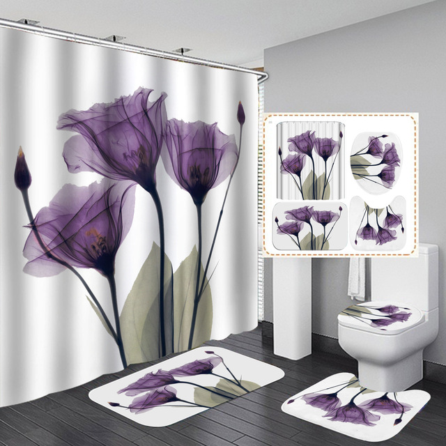 3D Printing Design 4 Pieces Bathroom Washroom Waterproof Shower Curtains Toilet Cover Anti-Slip Rug Mat Set