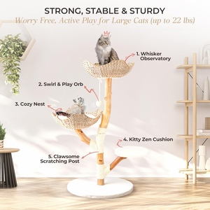 Menara Pohon Kucing Modern dari Kayu Asli, Tiang Garukan Kucing dengan Tempat Tidur untuk Kucing Dewasa Besar di Dalam Ruangan, Menara Panjat Kayu Solid, Lucu - Product Image 3