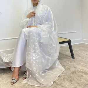 White Ramadan Plus Size White Mesh Embroidery Open Abaya For Female Puff Sleeve Kimono Dress Dubai Turkey Kaftan Islam Clothing