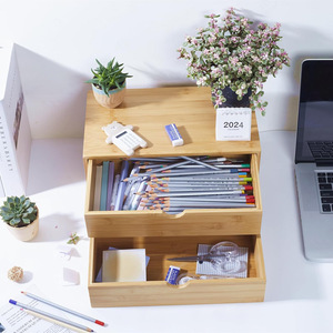 Bamboo Desktop <b>Storage</b> <b>Box</b> With <b>Drawers</b> 18L Office Organizer For Home And Office Use - Product Image 2