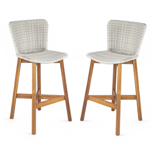 Adjustable Outdoor Bar <b>Stool</b> Teak Wood with Light Grey Wicker Set of 2 for Restaurant & Cafe <b>Dining</b> - Product Image 1